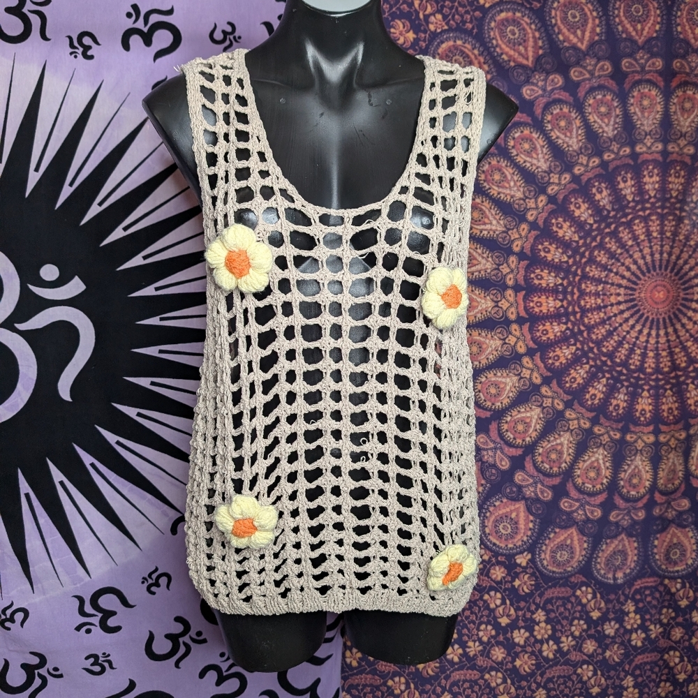 POL Crochet Knit Tank Top Tan/Yellow Size M - Picture 3 of 7